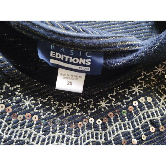 Basic Editions Womens Top 2X Plus Knit Blue Stripe Sequins Embroider STR160E - Picture 7 of 9